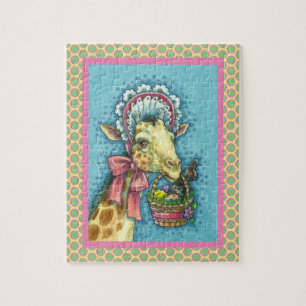 GIRAFFE IN SNELLE SPRINGEMAKERE BONNET, EGG BASKET LEGPUZZEL