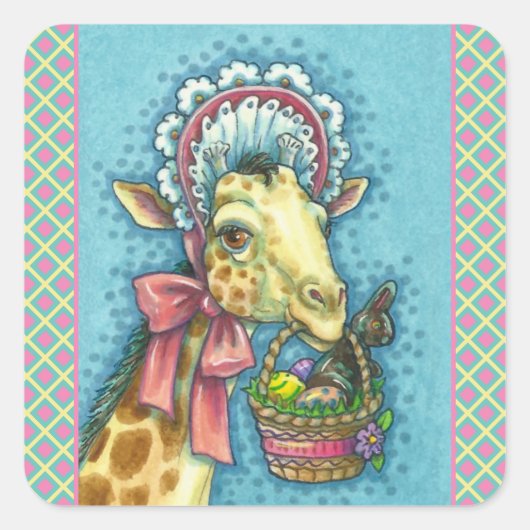 GIRAFFE IN SNELLE SPRINGEMAKERE BONNET, EGG BASKET VIERKANTE STICKER (Voorkant)
