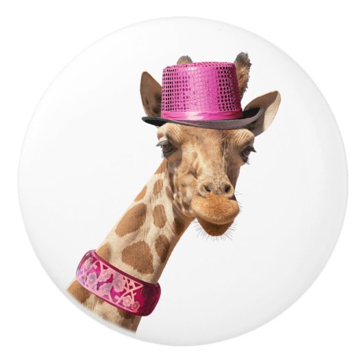 Giraffe in sparkly roze pet keramische knop (Voorkant)