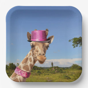Giraffe in sparkly roze pet papieren bordje