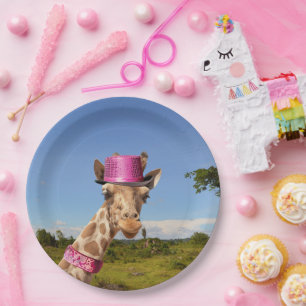 Giraffe in sparkly roze pet papieren bordje