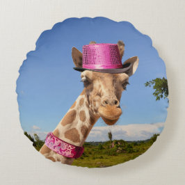 Giraffe in sparkly roze pet rond kussen