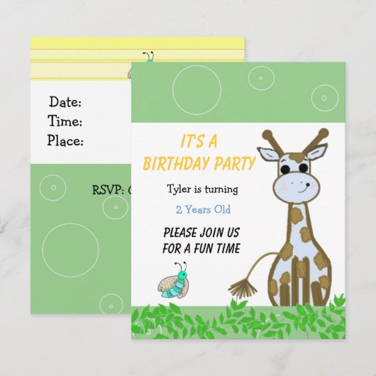 Giraffe Invitation d'anniversaire (Devant / Derrière)