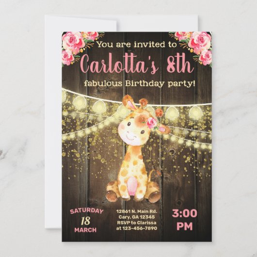 Giraffe invitation d'anniversaire fille, bois brun (Devant)