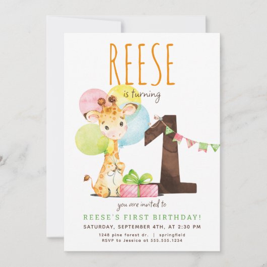 Giraffe Invitation de fête d'anniversaire (Devant)