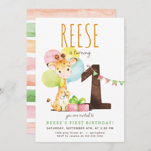 Giraffe Invitation de fête d'anniversaire (Devant / Derrière)
