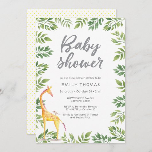 Giraffe jaune Baby shower Invitation (Devant / Derrière)
