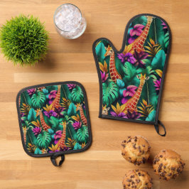 Giraffe Jungle Dromen Naadloos Oppervlaktepatroon Ovenwant & Pannenlap Set