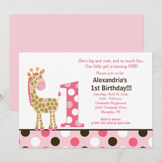 Giraffe Jungle rose 1er Invitation anniversaire 5x (Devant / Derrière)