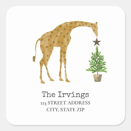 Giraffe kerstboomadres vierkante sticker (Voorkant)