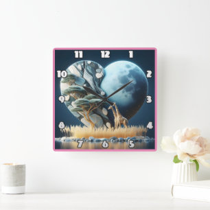 Giraffe kijkt naar de maanverlichte savanne in Afr Vierkante Klok