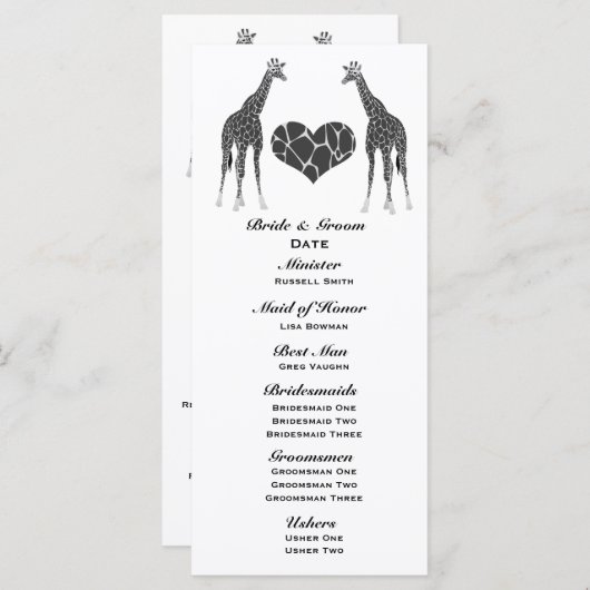 Giraffe Love Wedding Programme (Devant / Derrière)