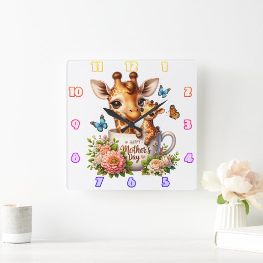 Giraffe mama: Kalf, Bloemen, Moederdag Vierkante Klok (Huis)