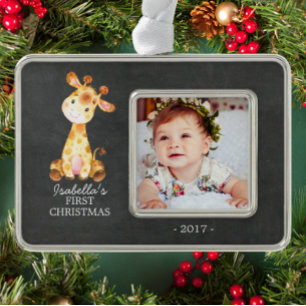 Giraffe Meisje Baby's Eerste Kerstmis Foto Ornamen Verzilverd Kader Ornament