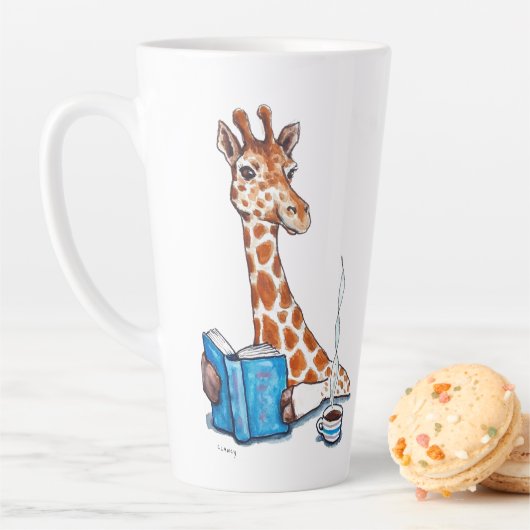 Giraffe met boek en drank latte mok (In situ)