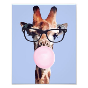 Giraffe met bril die bubbelgom blaast foto afdruk