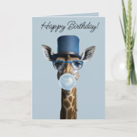 Giraffe met bril, hoge hoed en blauwe gom