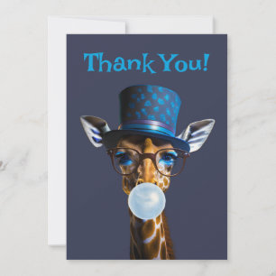 Giraffe met bril, vlinderdas, blauwe hoed en kauwg bedankkaart