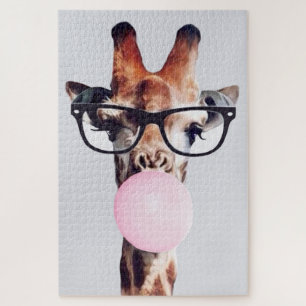 Giraffe met een bril die bubblegum blaast legpuzzel