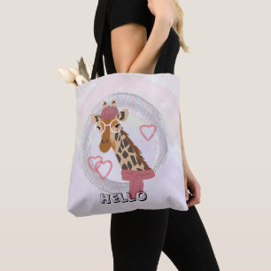 Giraffe met een bril en een rode bes draagtas
