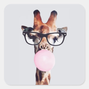 GIRAFFE MET GLAZEN DIE EEN PINKBUBBLEGUM BLOKKEN VIERKANTE STICKER