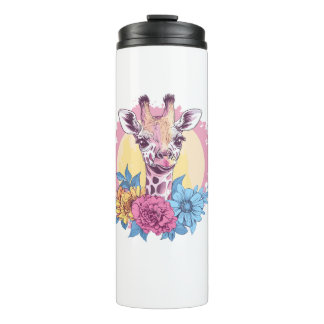 Giraffe met kleurrijke bloemenachtergrond thermosbeker