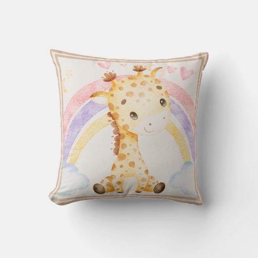Giraffe met Rainbow Puffy Clouds Hearts Kussen (Voorkant)