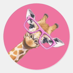 Giraffe met Roze Bril Cute Dierensticker Ronde Sticker
