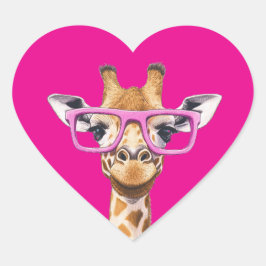 Giraffe met roze bril Donkerroze achtergrond Hart Sticker