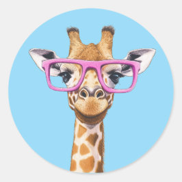 Giraffe met Roze Brillen Sticker Blauwe Achtergron