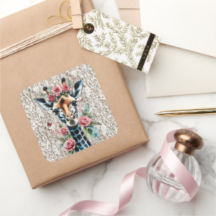 Giraffe met roze rozen en kant vierkante sticker