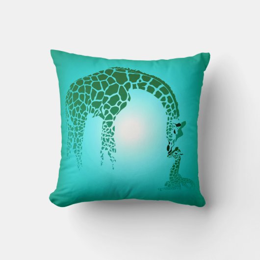 Giraffe Moeder en Cute Baby | blauwgroen Kussen (Voorkant)