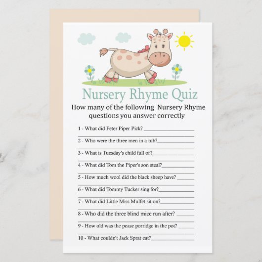 Giraffe Nursery Rhyme Quiz baby shower game (Voorkant / Achterkant)