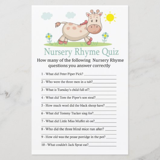 Giraffe Nursery Rhyme Quiz baby shower game (Voorkant)