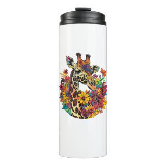 Giraffe omgeven door kleurrijke bloemen _1 thermosbeker