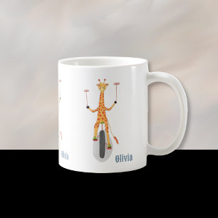 Giraffe op een eenwieler kinder mok met naam