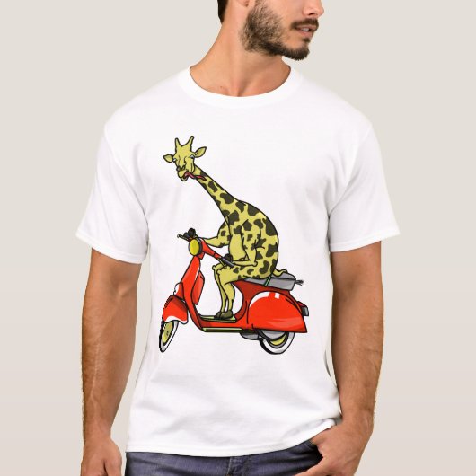 Giraffe op een rode retro brommer t-shirt (Voorkant)