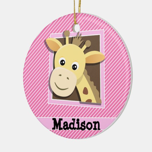 Giraffe op roze en witte strepen keramisch ornament (Links)