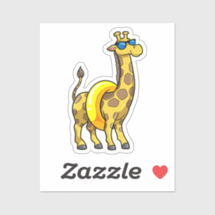 Giraffe op strand met draaiende ring en zonnebril sticker
