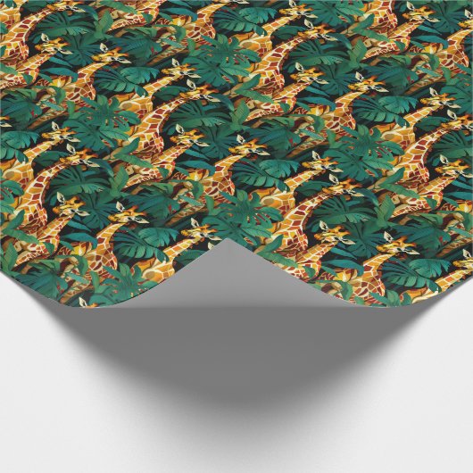 Giraffe Patroon in een groene bladvormige Oerwoud Cadeaupapier (Hoek)