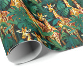 Giraffe Patroon in een groene bladvormige Oerwoud Cadeaupapier (Rol Hoek)
