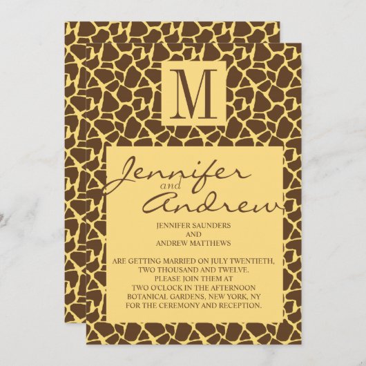 Giraffe Pattern Wedding Invitation met Monogram Kaart (Voorkant / Achterkant)