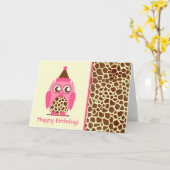 Giraffe Print & Roze Uil Verjaardag Kaart (Gele Bloem)