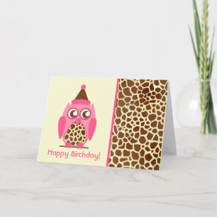 Giraffe Print & Roze Uil Verjaardag Kaart