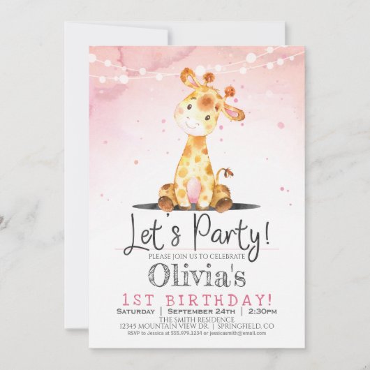 Giraffe rose Fille Anniversaire Invitation (Devant)