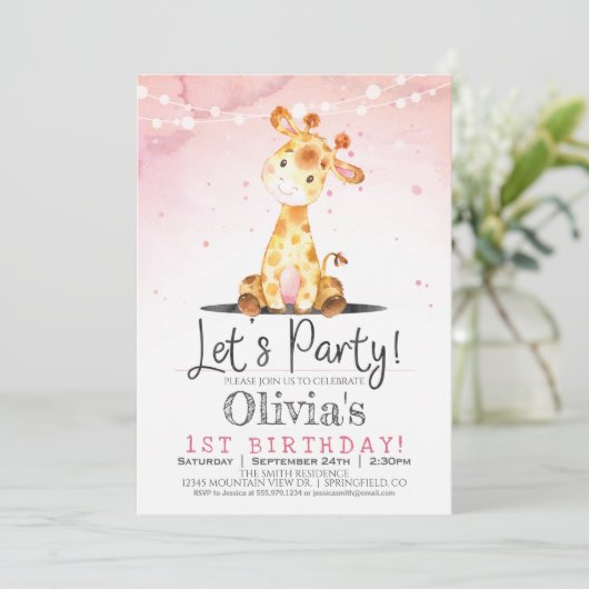 Giraffe rose Fille Anniversaire Invitation (Debout devant)