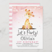 Giraffe rose Fille Anniversaire Invitation (Devant / Derrière)