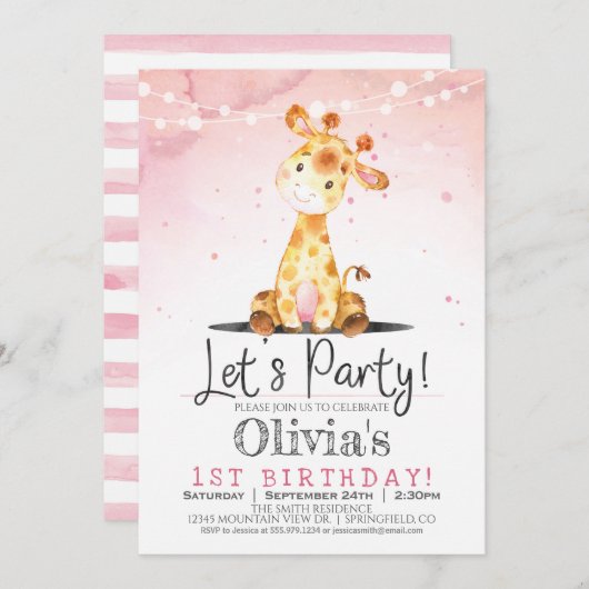Giraffe rose Fille Anniversaire Invitation (Devant / Derrière)