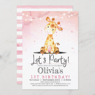 Giraffe rose Fille Anniversaire Invitation