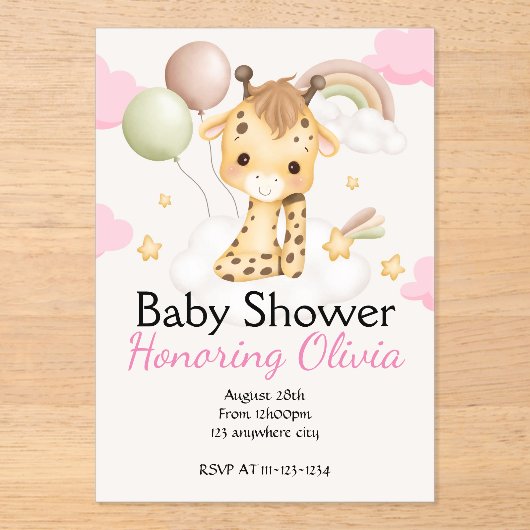 Giraffe rose fille BABY SHOWER INVITATION (Recto)